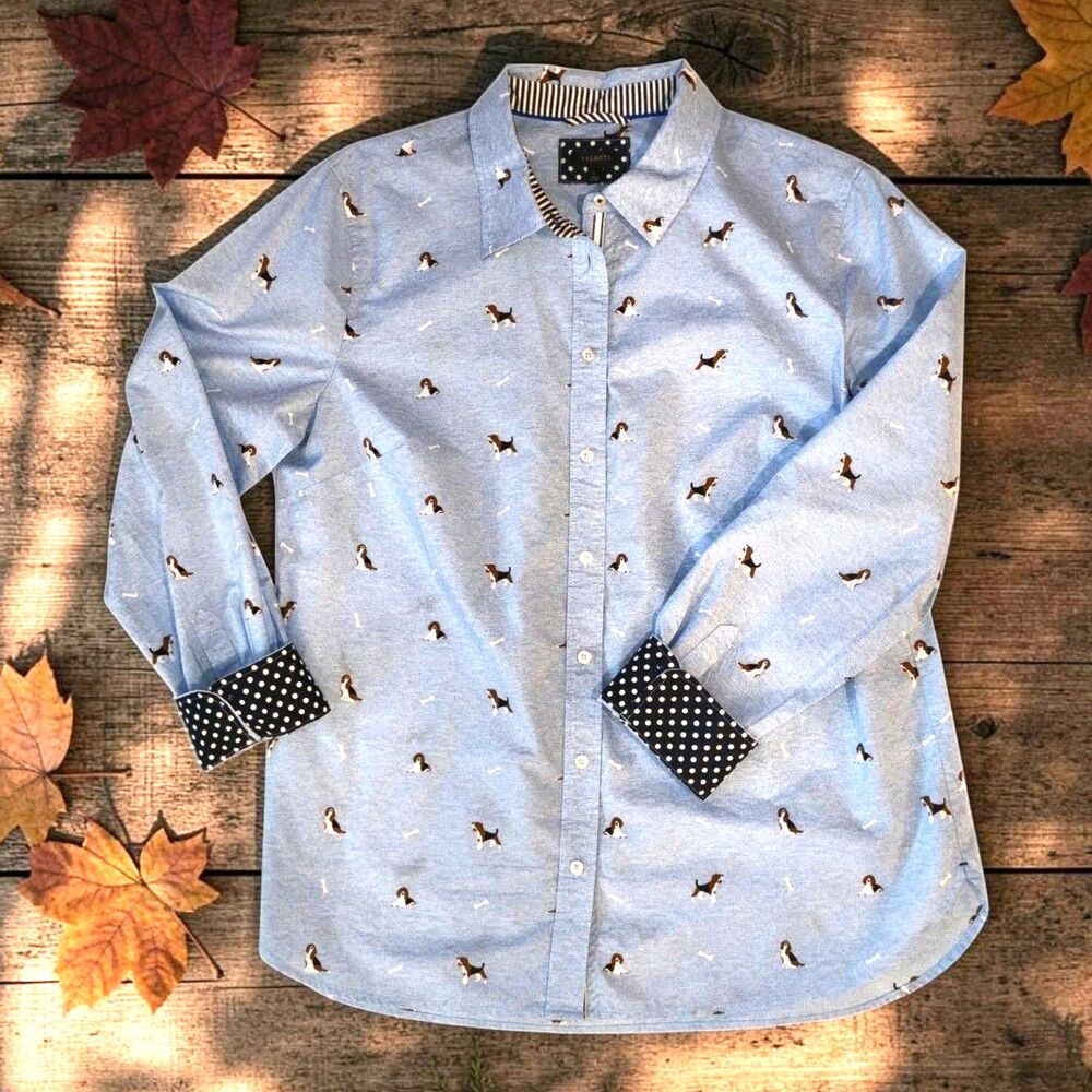 Talbots Fetching Beagle LARGE Button Up Long Sleeve Preppy Shirt Blue BEAGLES